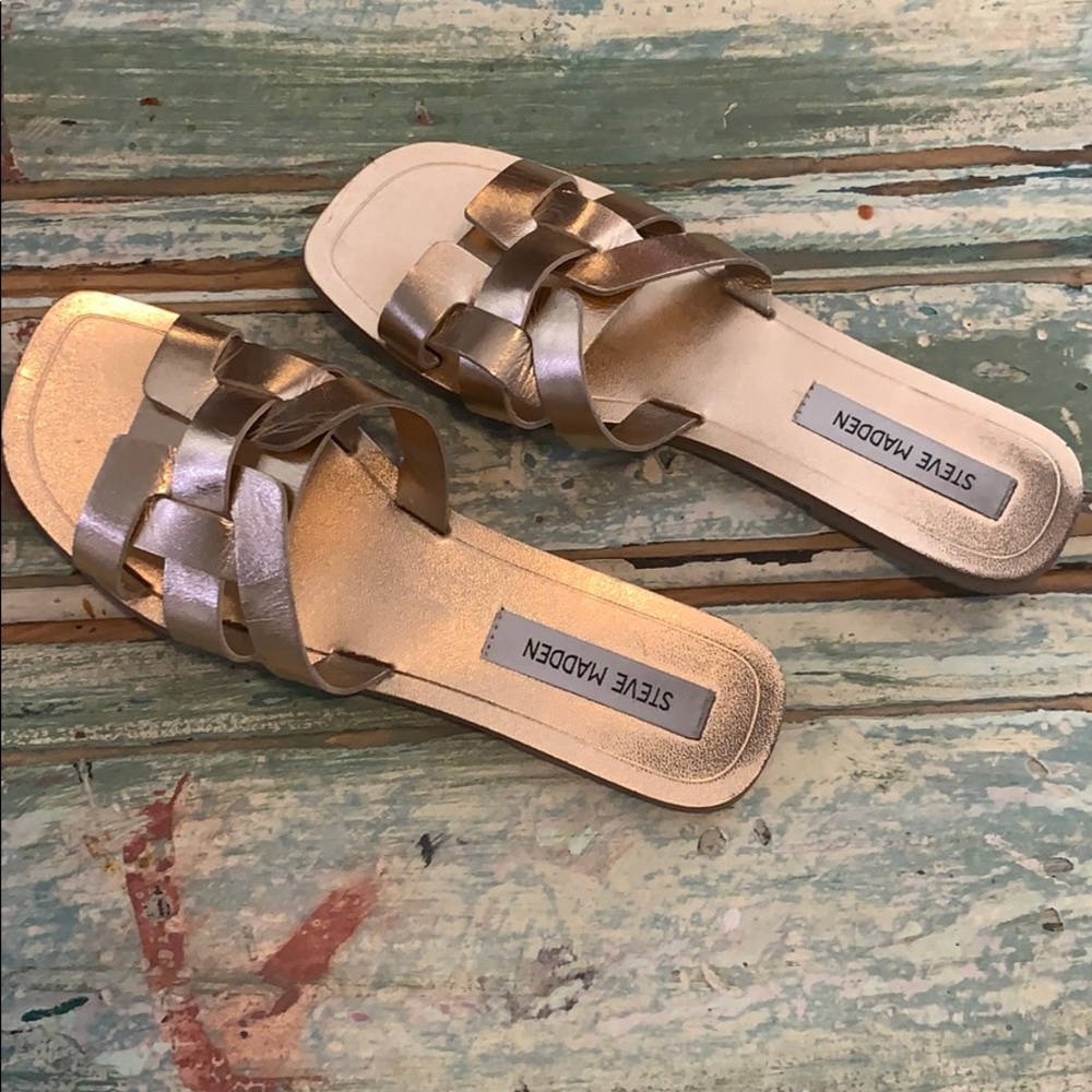 Rose gold Steve Madden slides